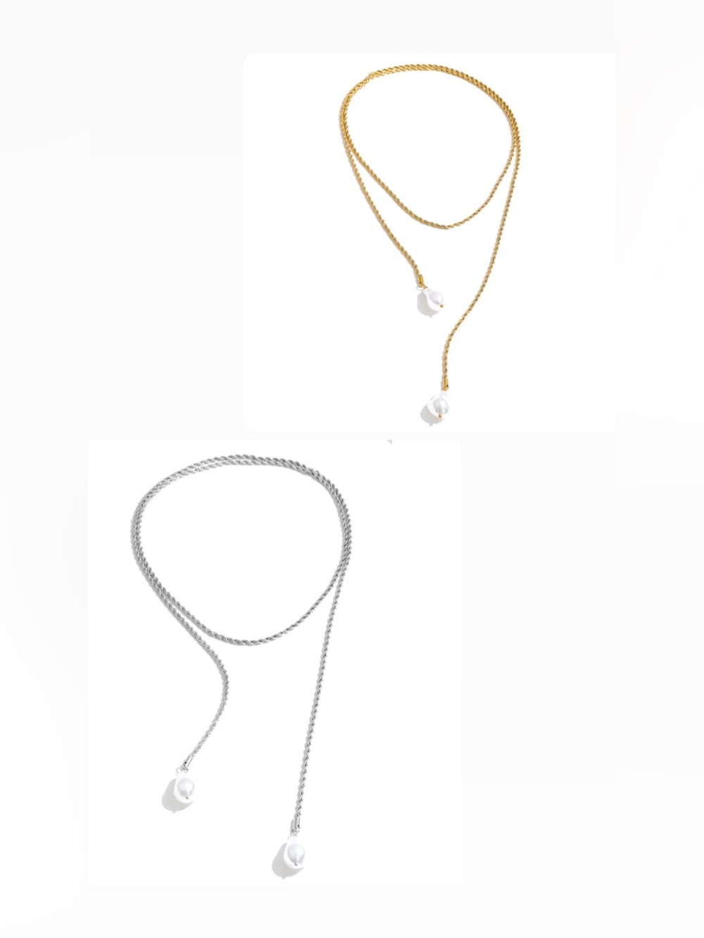 Gold and Silver Stainless Steel Faux Pearl Lariat Necklace - Women Jewelry